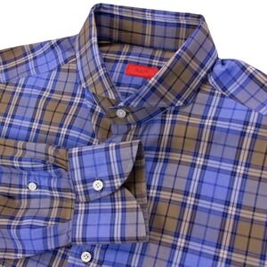ISAIA Mens M 16.5 Plaid Cutaway Collar Shirt 42 Italy Cotton Blue Brown